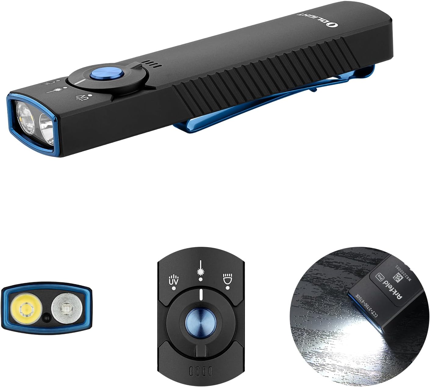 Olight Arkfeld Pro EDC Lampe de poche rechargeable 1300 Lumens avec faisceau vert - Noir Cool White