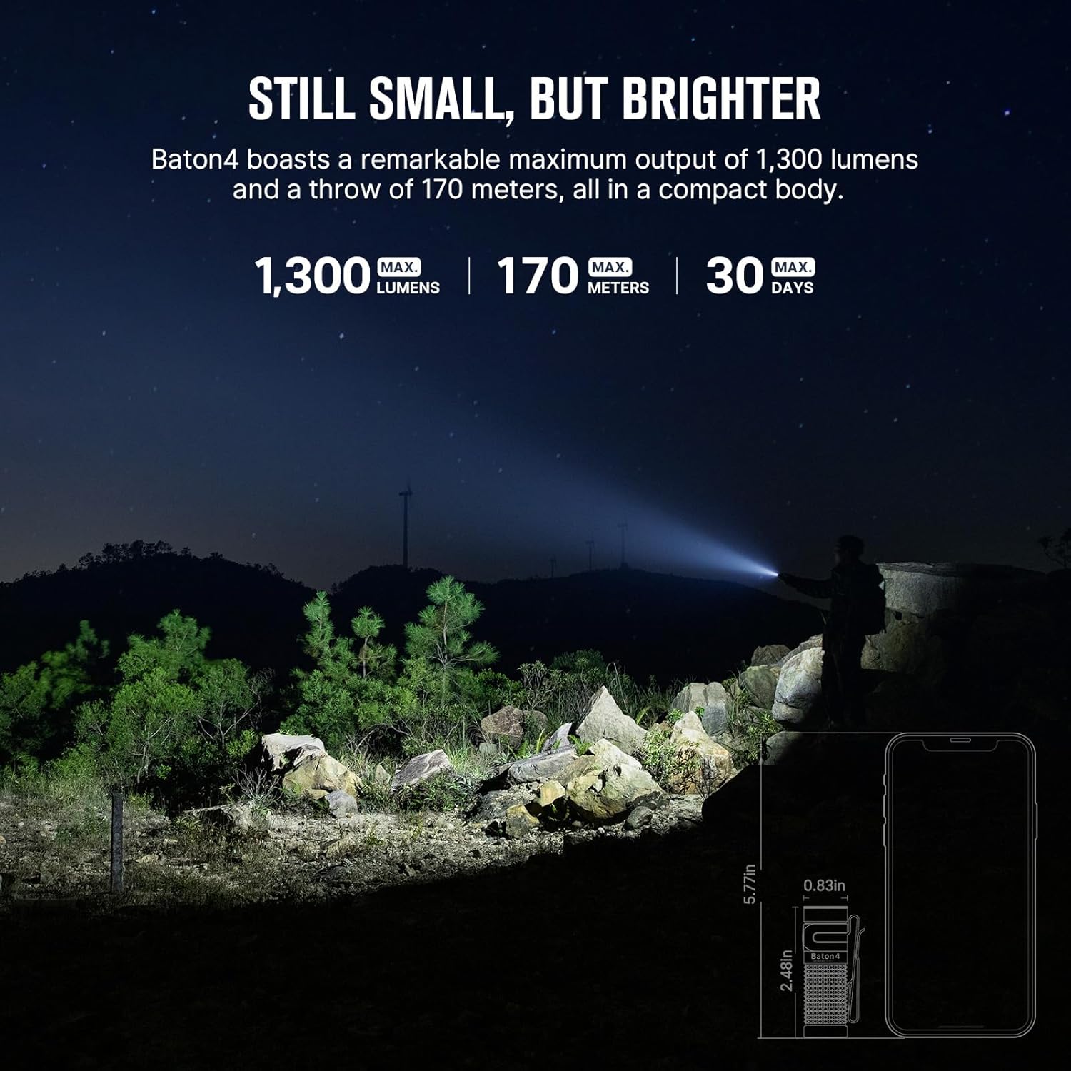 Olight Baton 4 Led Lampe de poche rechargeable 1300 Lumens avec batterie - Noir