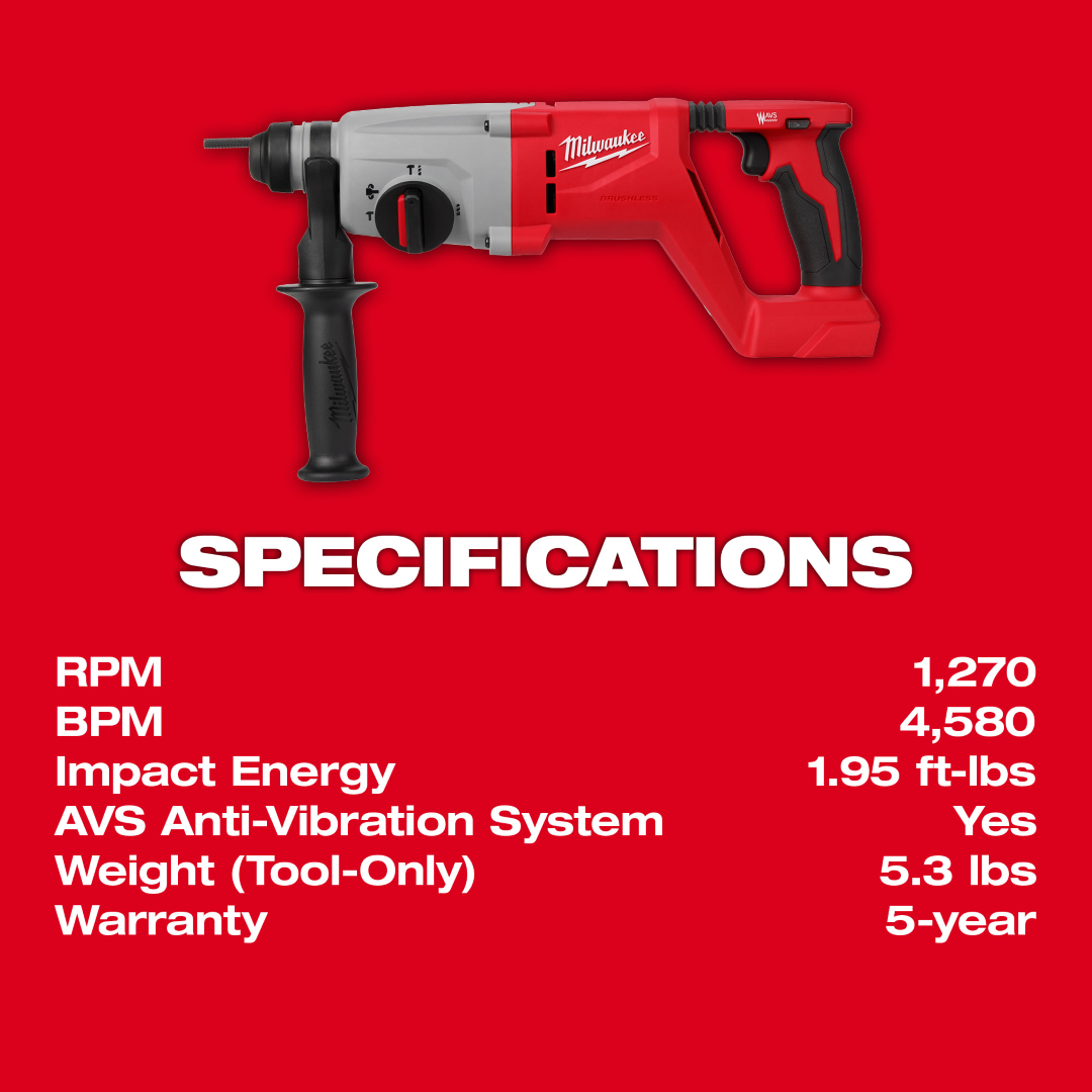 Milwaukee M18 18V 1" Lithium-Ion Brushless Cordless Handle Rotary Hammer - Tool Only
