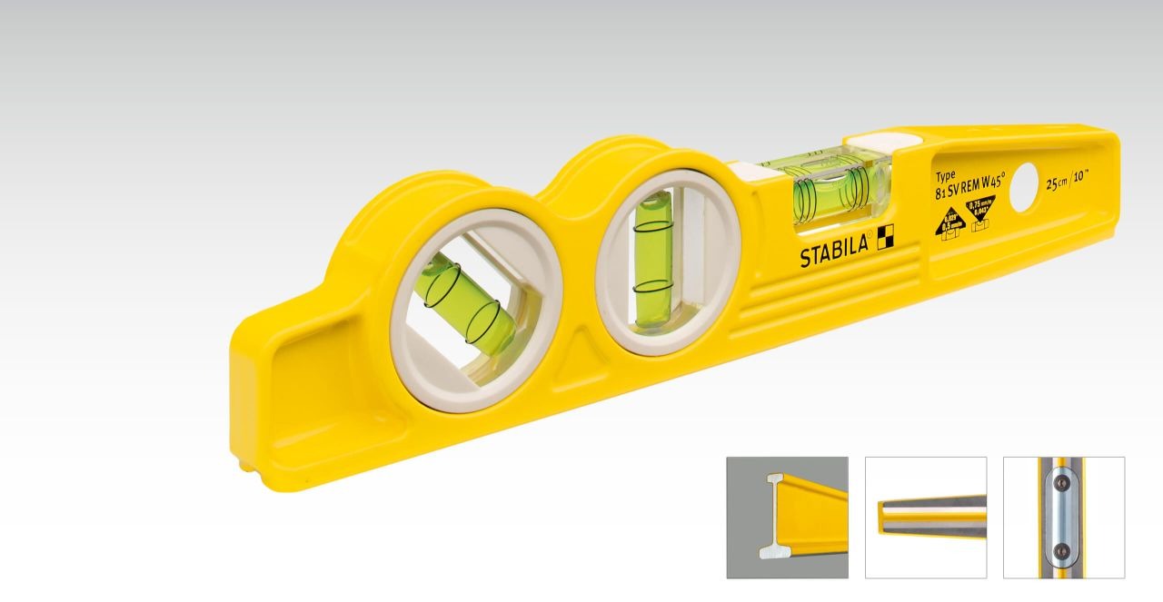 Stabila 25245 Die Cast Magnetic Torpedo with 45 Degree Vial and V-Groom Frame - Yellow