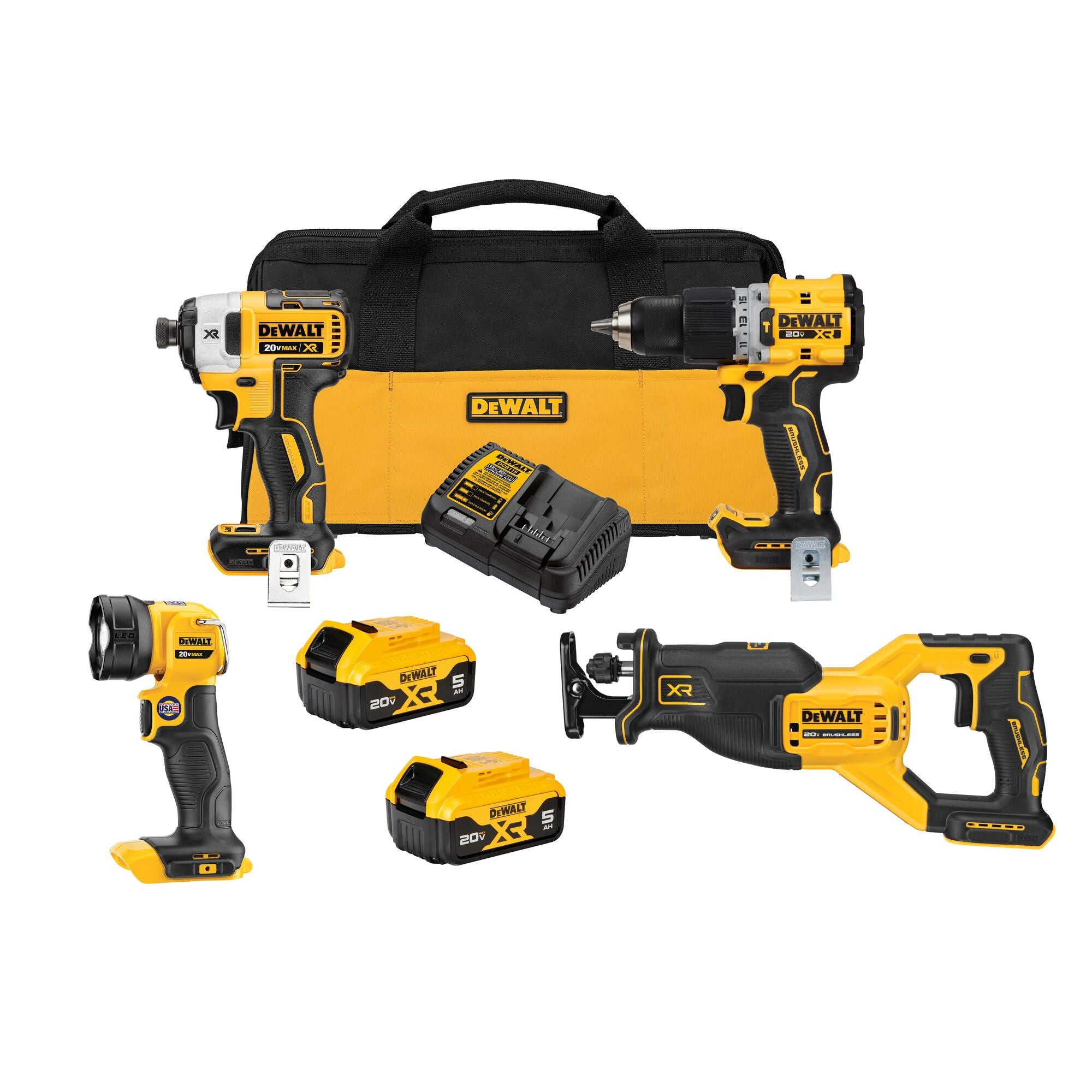 Dewalt 20V Max XR Hammer Drill - Impact Driver - Reciprocating Saw & Work Light - Power Tools Combo Kit