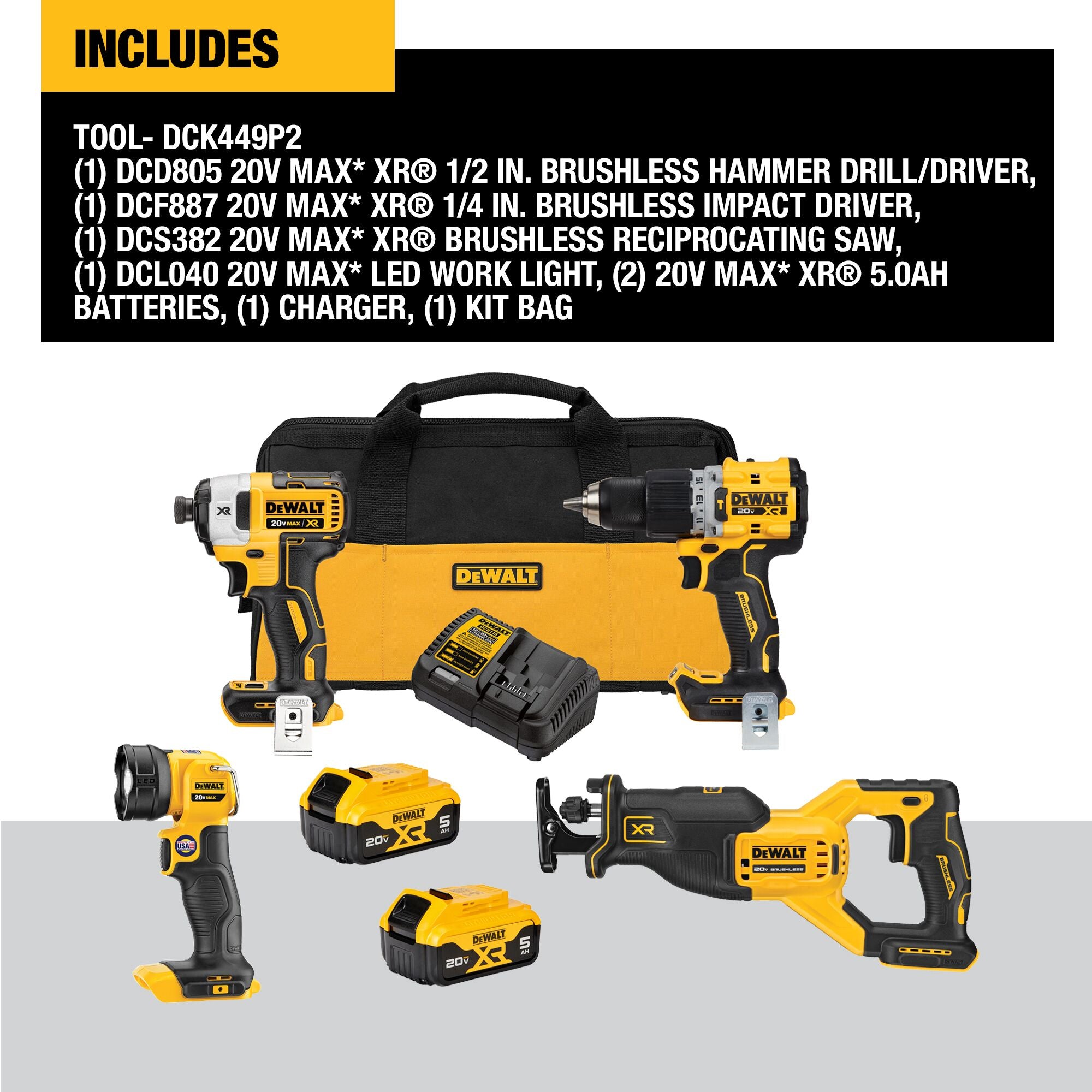 Dewalt 20V Max XR Marteau perforateur - Moteur à chocs - Scie à guichet et lampe de travail - Kit combiné d'outils électriques