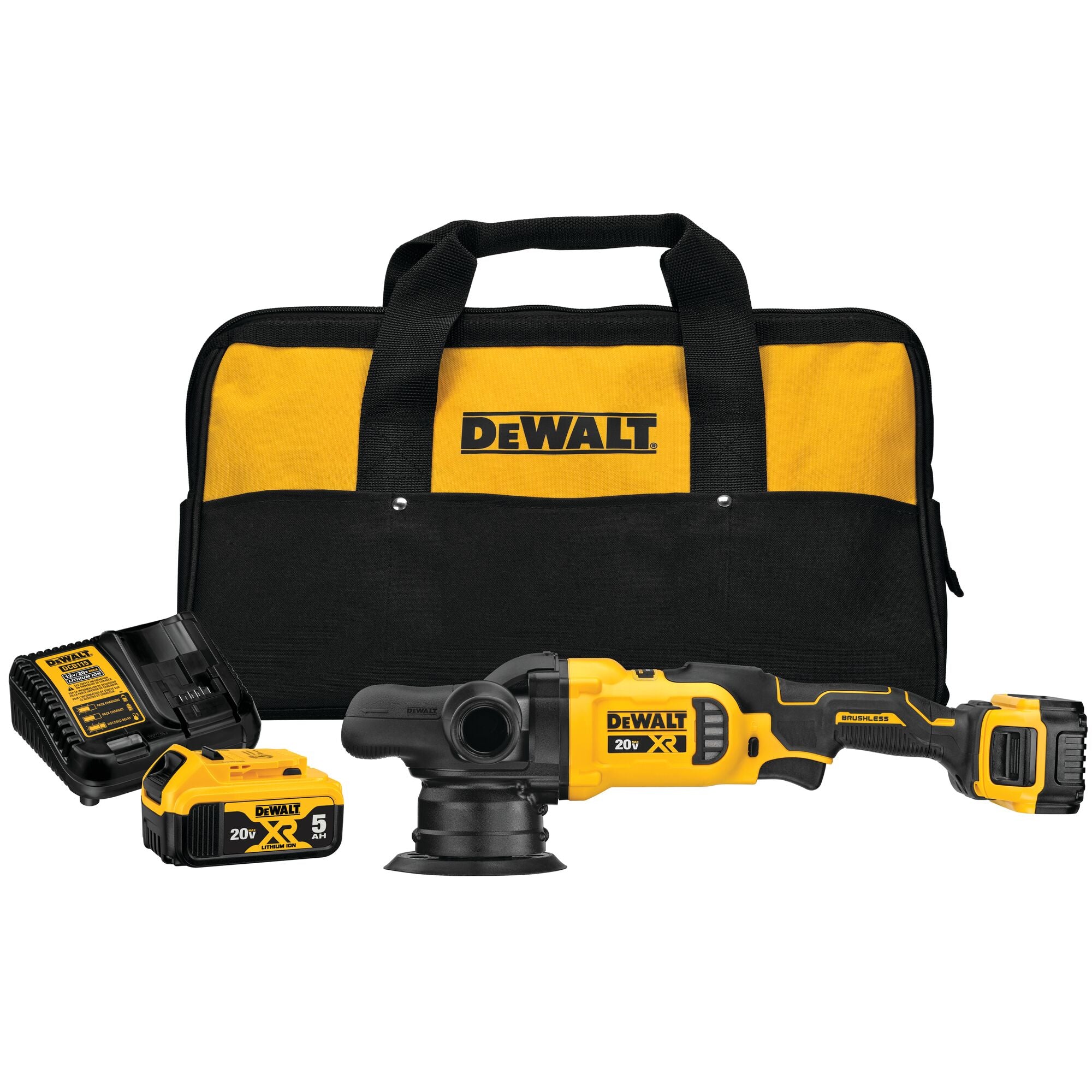 Dewalt 20V MAX XR 5" Kit de polisseuse à orbite aléatoire à vitesse variable avec 2 batteries et un sac