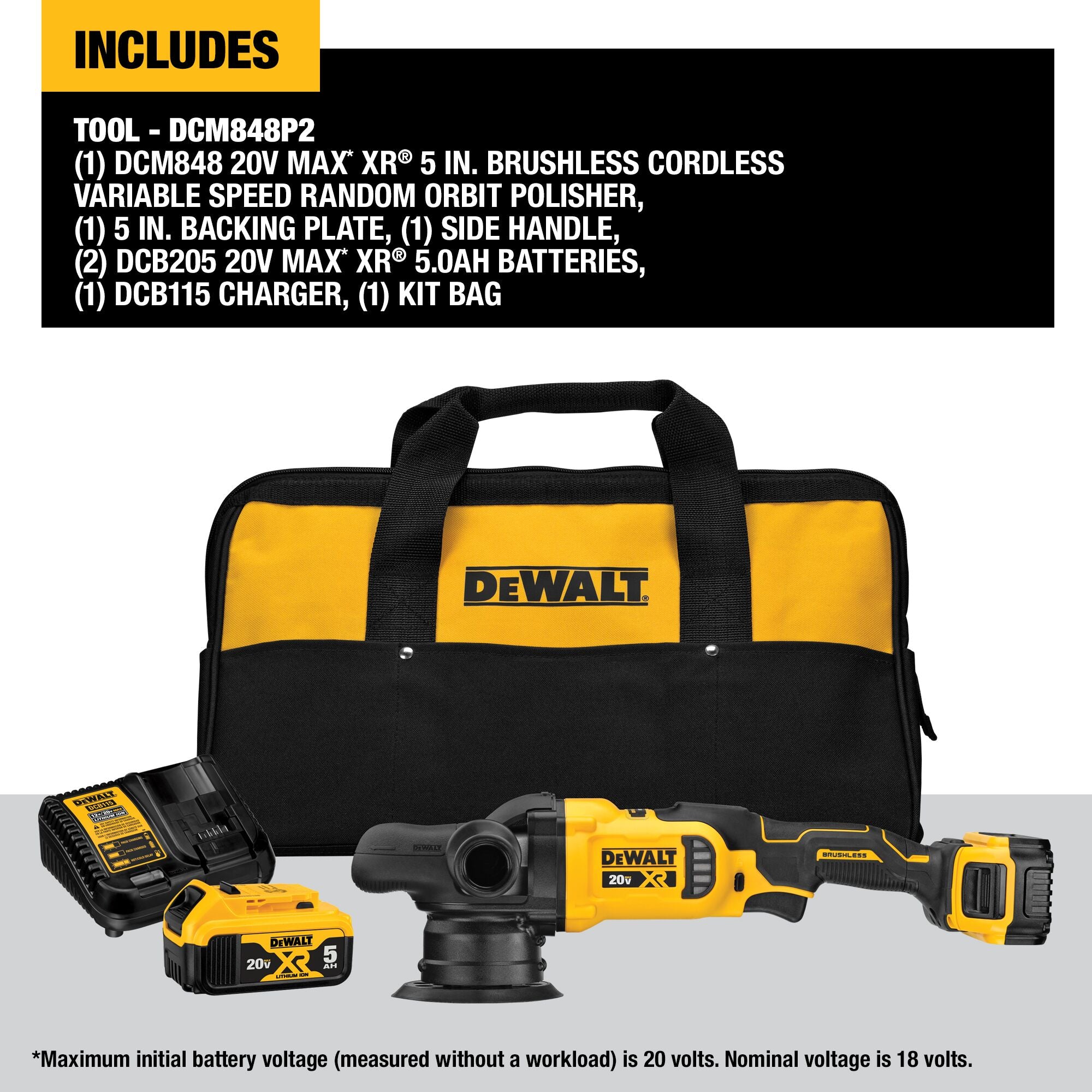 Dewalt 20V MAX XR 5" Variable Speed Random orbit Polisher Kit w/ 2 Batteries And Bag