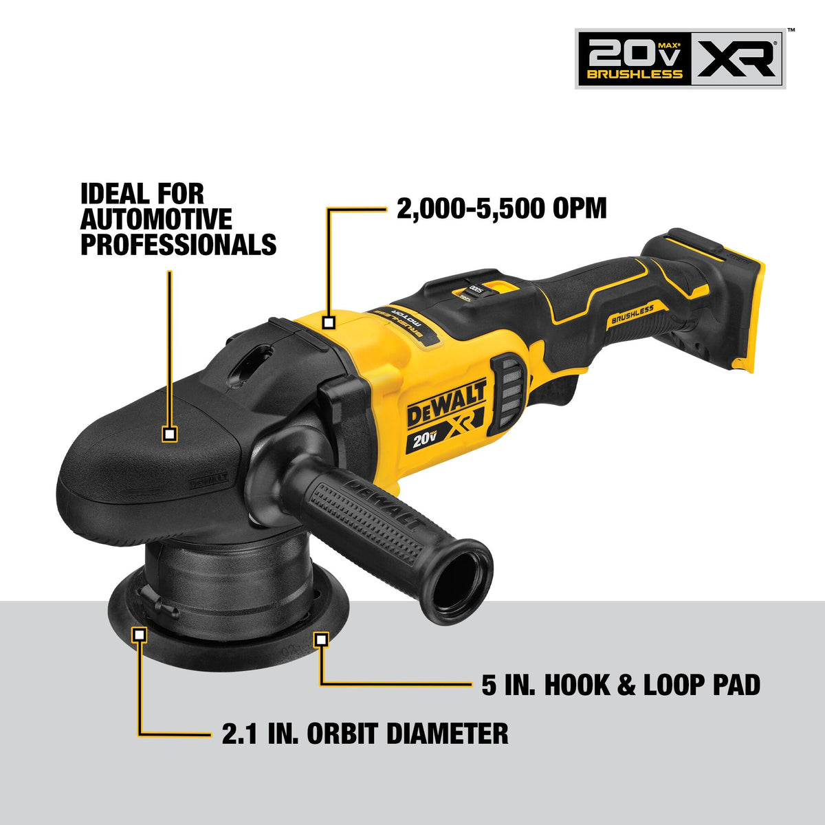 Dewalt 20V MAX XR 5" Variable Speed Random orbit Polisher Kit w/ 2 Batteries And Bag