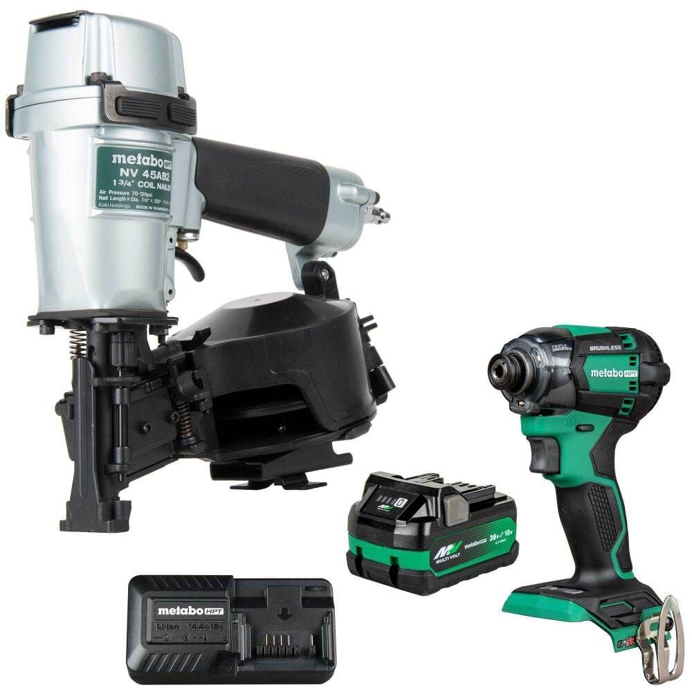 Metabo HPT 18V Pneumatic Roofing Nailer with Triple Hammer Impact Driver Kit
