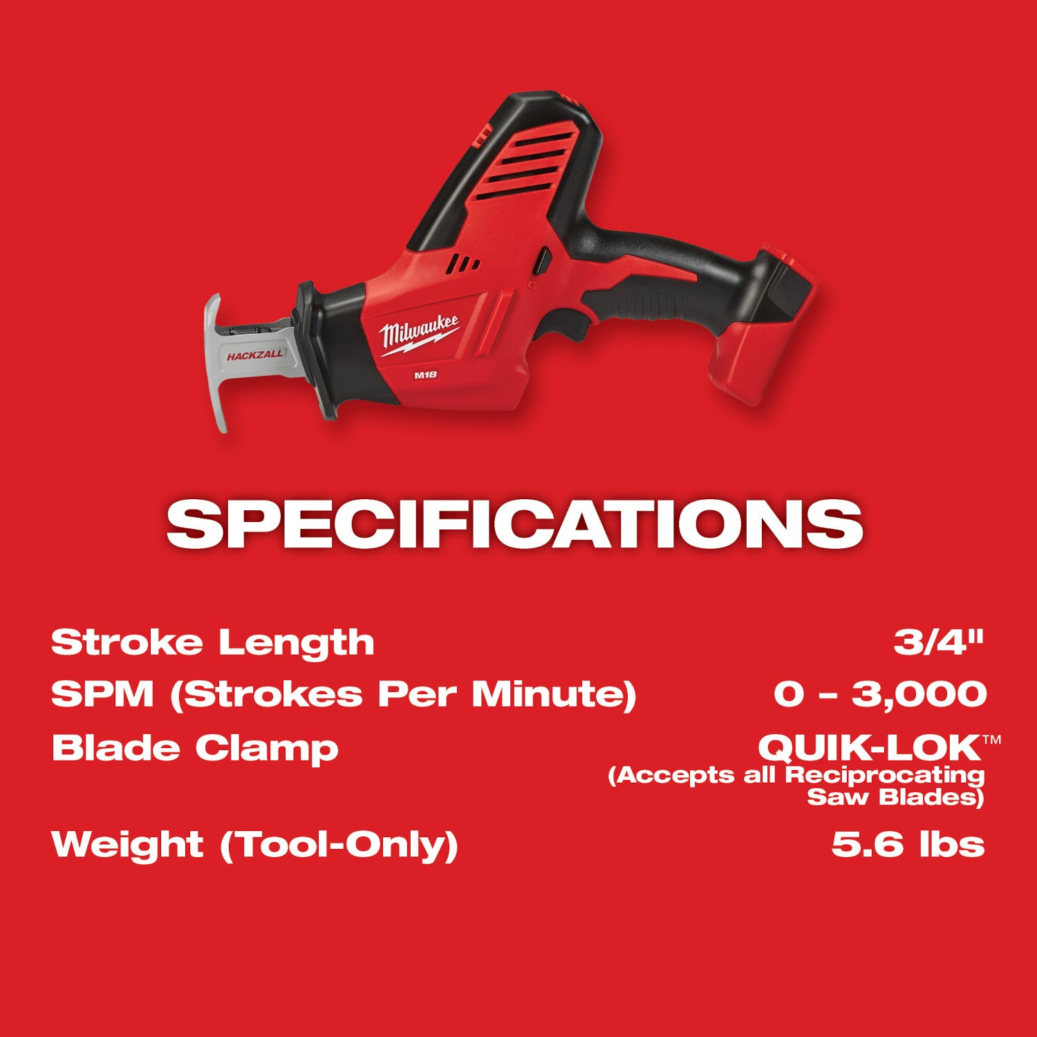 Milwaukee M18 18 Volt Lithium-Ion Cordless Hackzall Reciprocating Saw