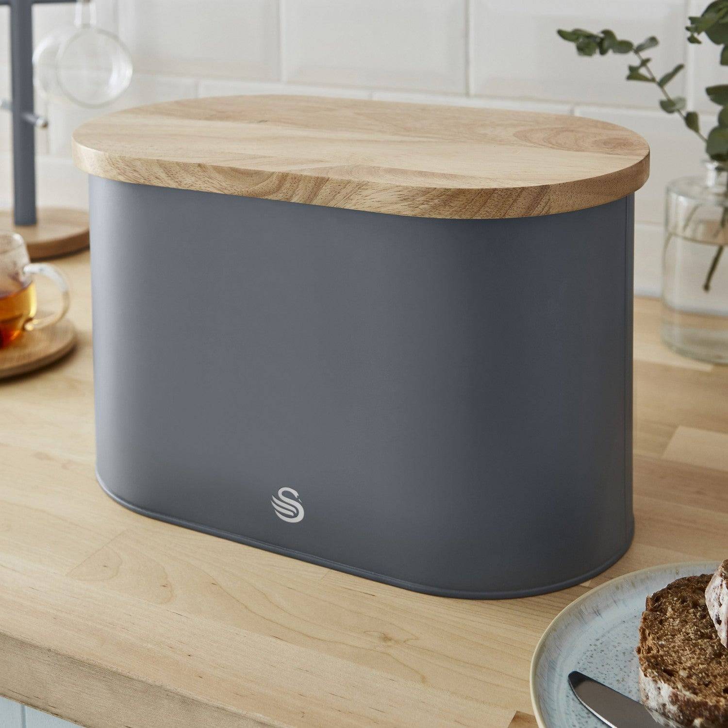 Swan Nordic Bread Bin with Cutting Board - Grey