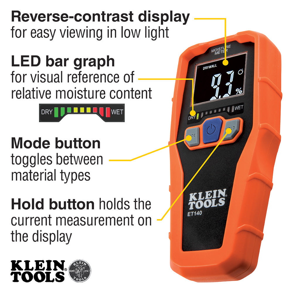 Klein Tools Pinless Water Leak Detector Moisture Meter 3/4' Below Surface