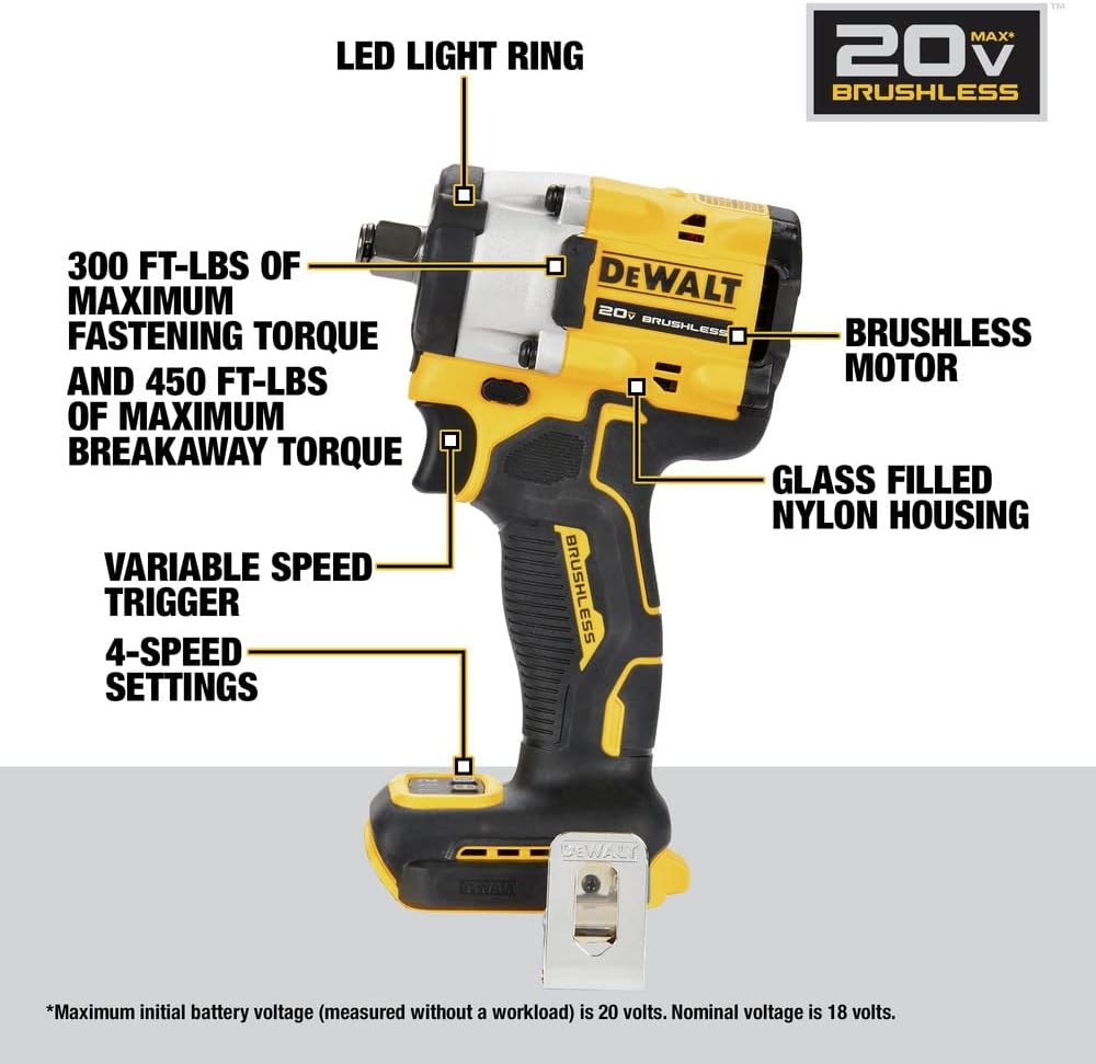 Dewalt Atomic 20V Max 1/2" Cordless Impact Wrench with Hog Ring Anvil - Tool Only