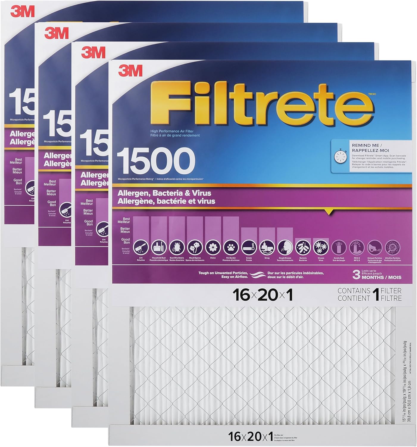 Filtrete 16 x 20 x 1 MPR1500 Furnace Air Filter - 4 Pack