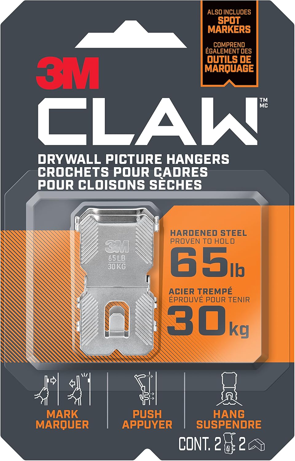 3M Claw Drywall Picture Hanger Holds 65Lbs - 2 Markers