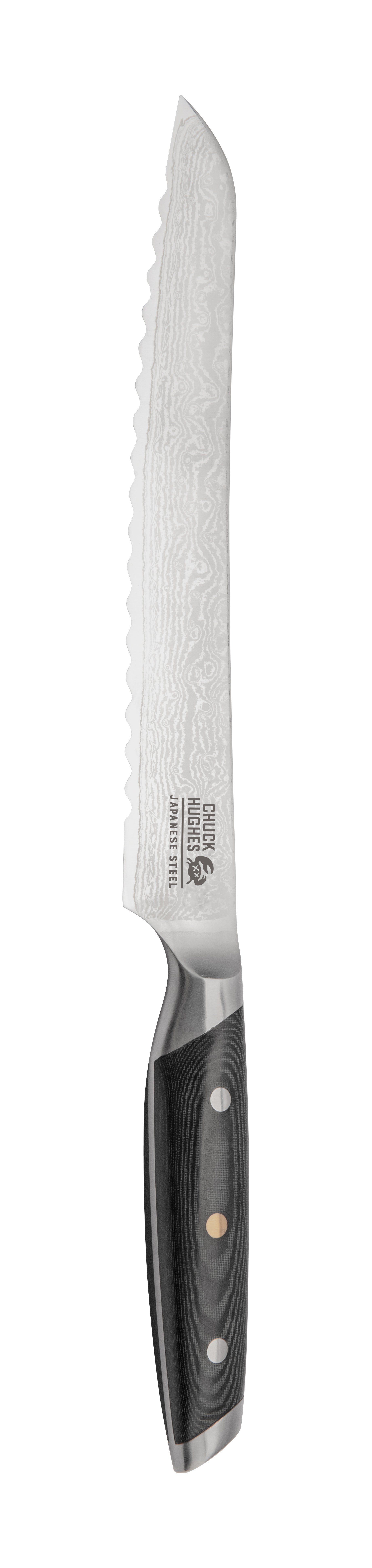 Chuck Hughes Damascus Knife Serrated Bread Knife 9" (couteau à pain dentelé)