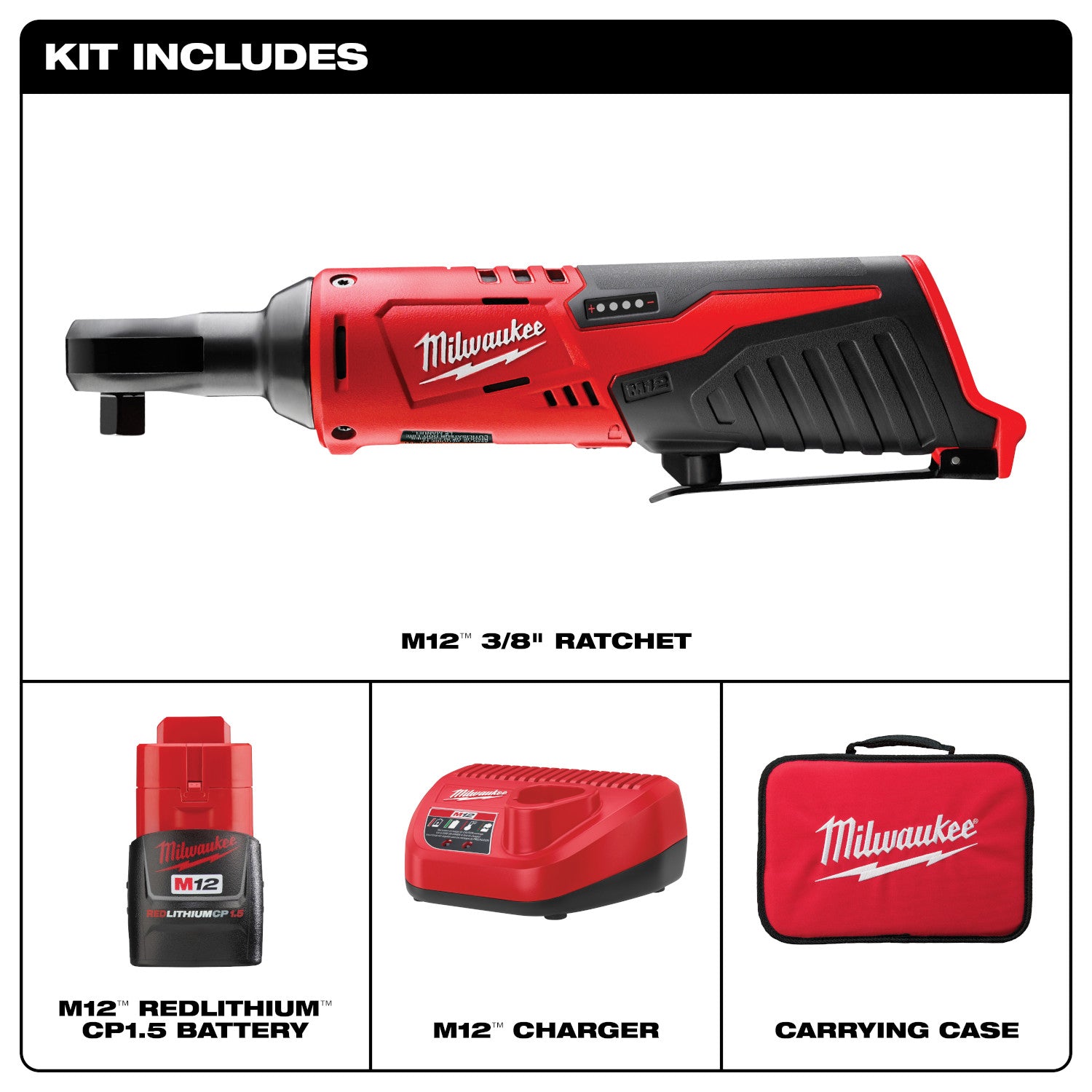 Milwaukee M12 3/8" Cordless Lithium Ratchet Kit with Tool Bag