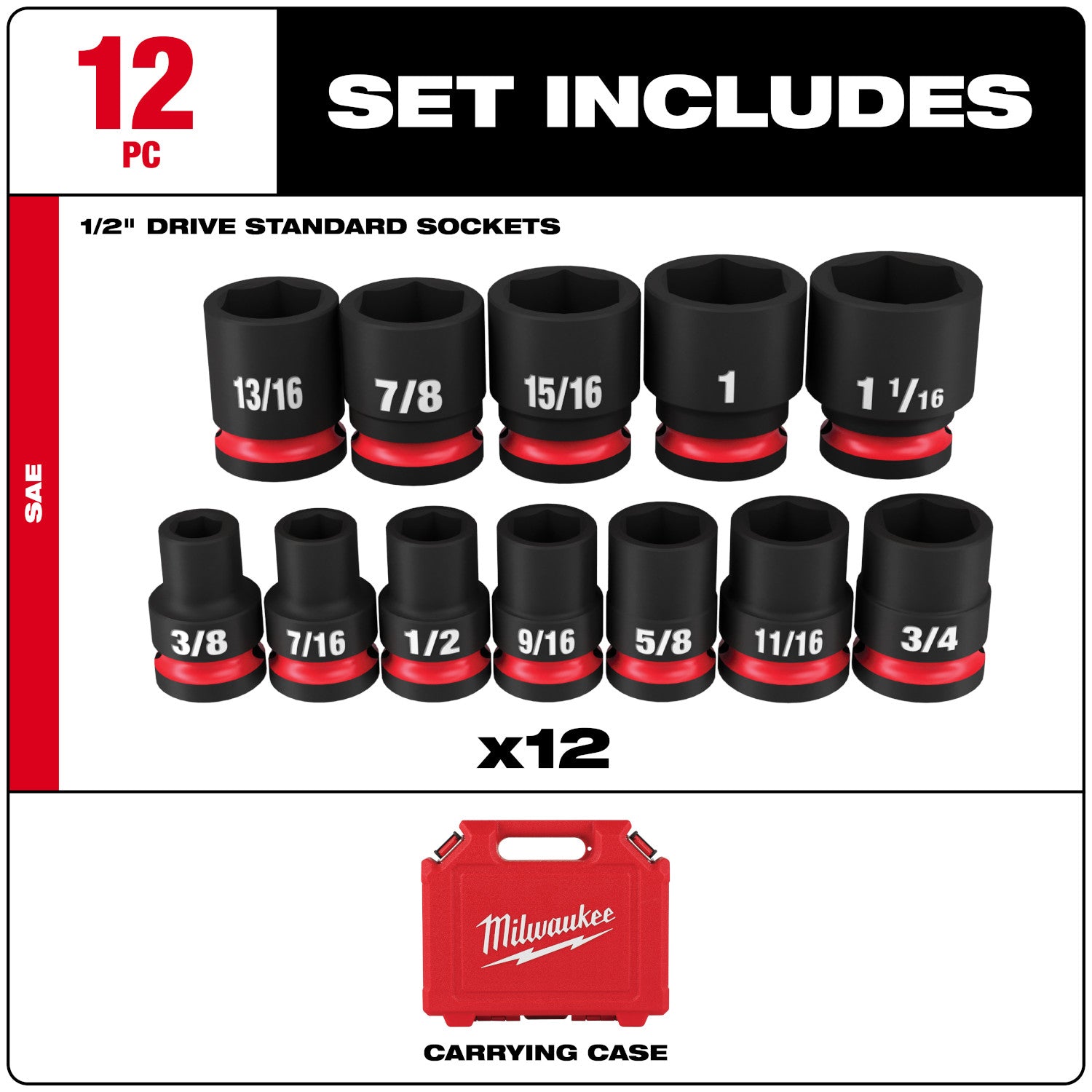 12PC SHOCKWAVE Impact Duty 1/2" Drive SAE Standard 6 Point Socket Set