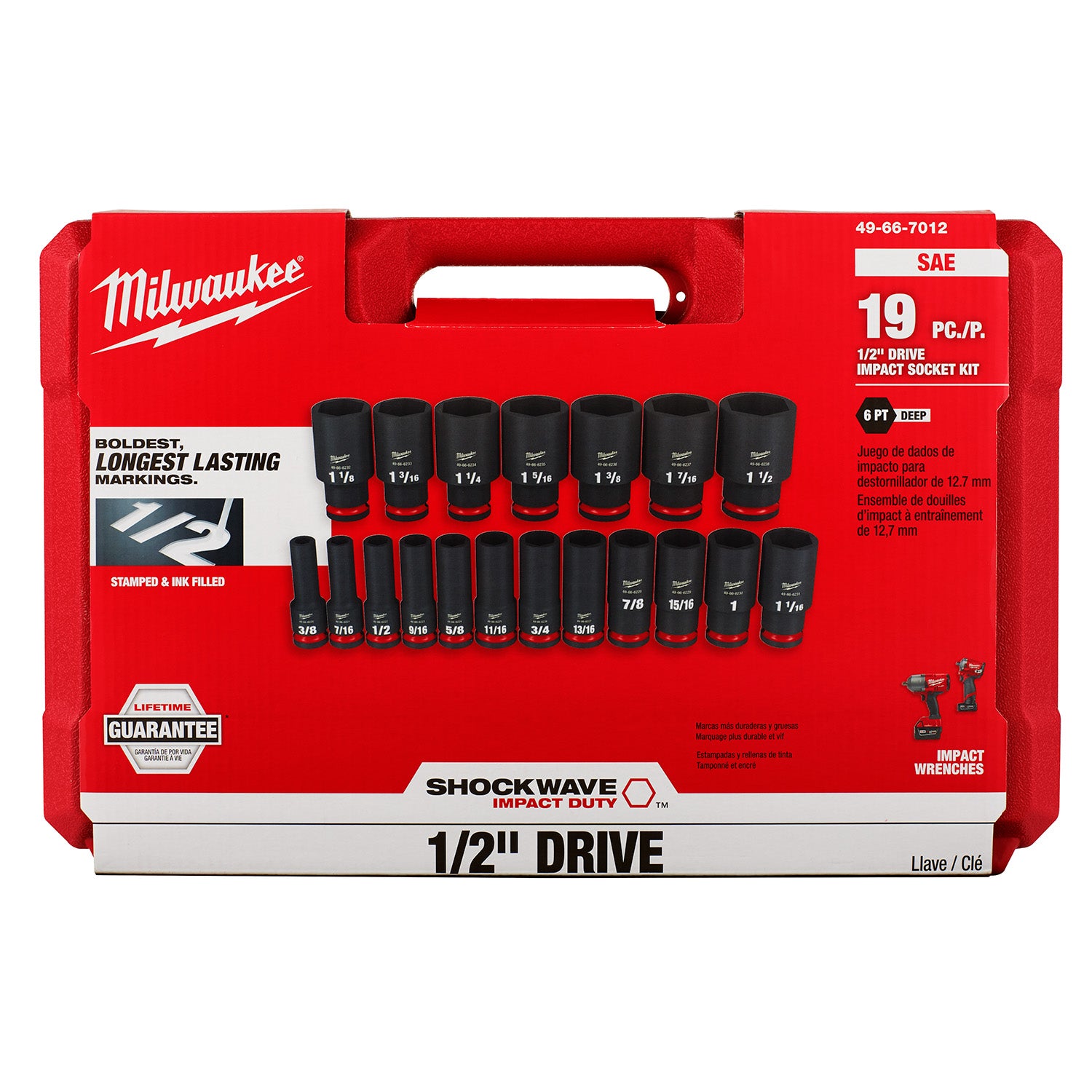 19PC SHOCKWAVE Impact Duty 1/2" Drive SAE Deep 6 Point Socket Set