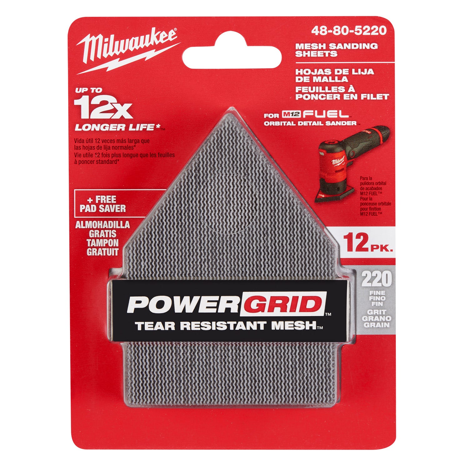 Feuilles abrasives à maille 220 pour ponceuse orbitale de détail M12 FUEL (12 PK)
