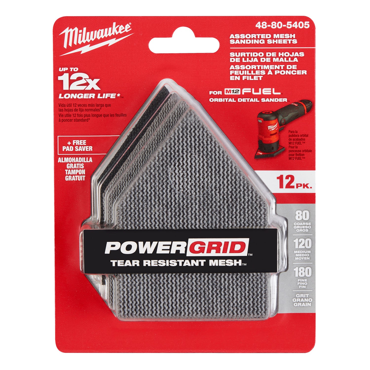 Feuilles abrasives à mailles 80, 120 et 180 pour ponceuse orbitale M12 FUEL (12 PK)