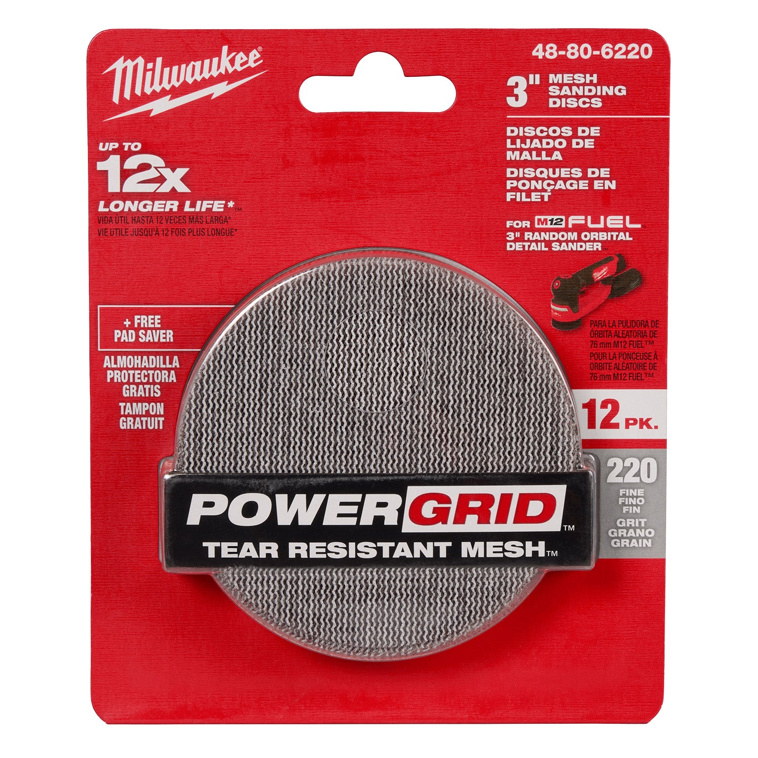Disques de ponçage de 3" à maille 220 avec maille résistante à la déchirure POWERGRID - (12 PK) + Pad Saver