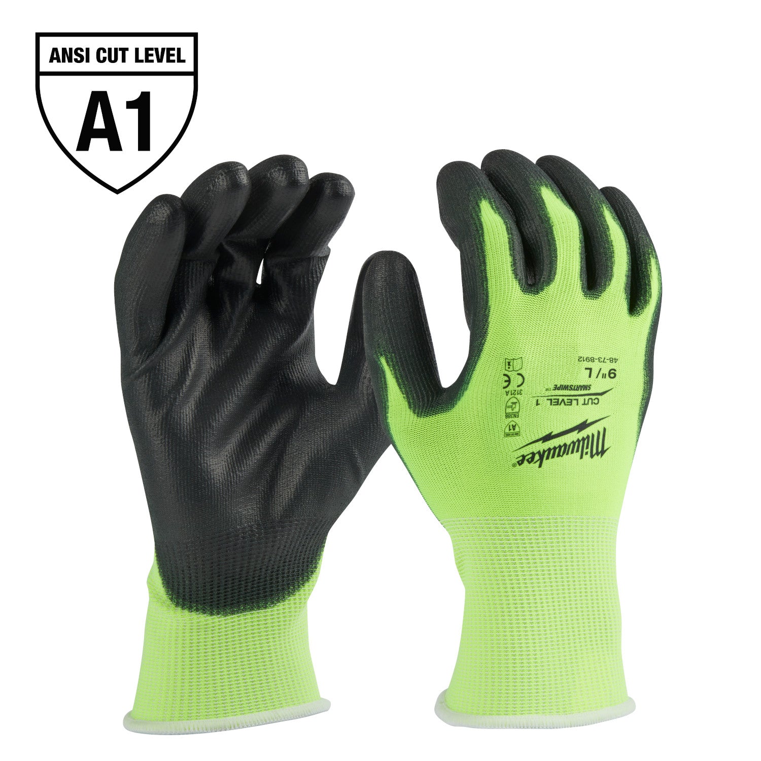 Gants enduits de polyuréthane à haute visibilité, coupe de niveau 1 - L
