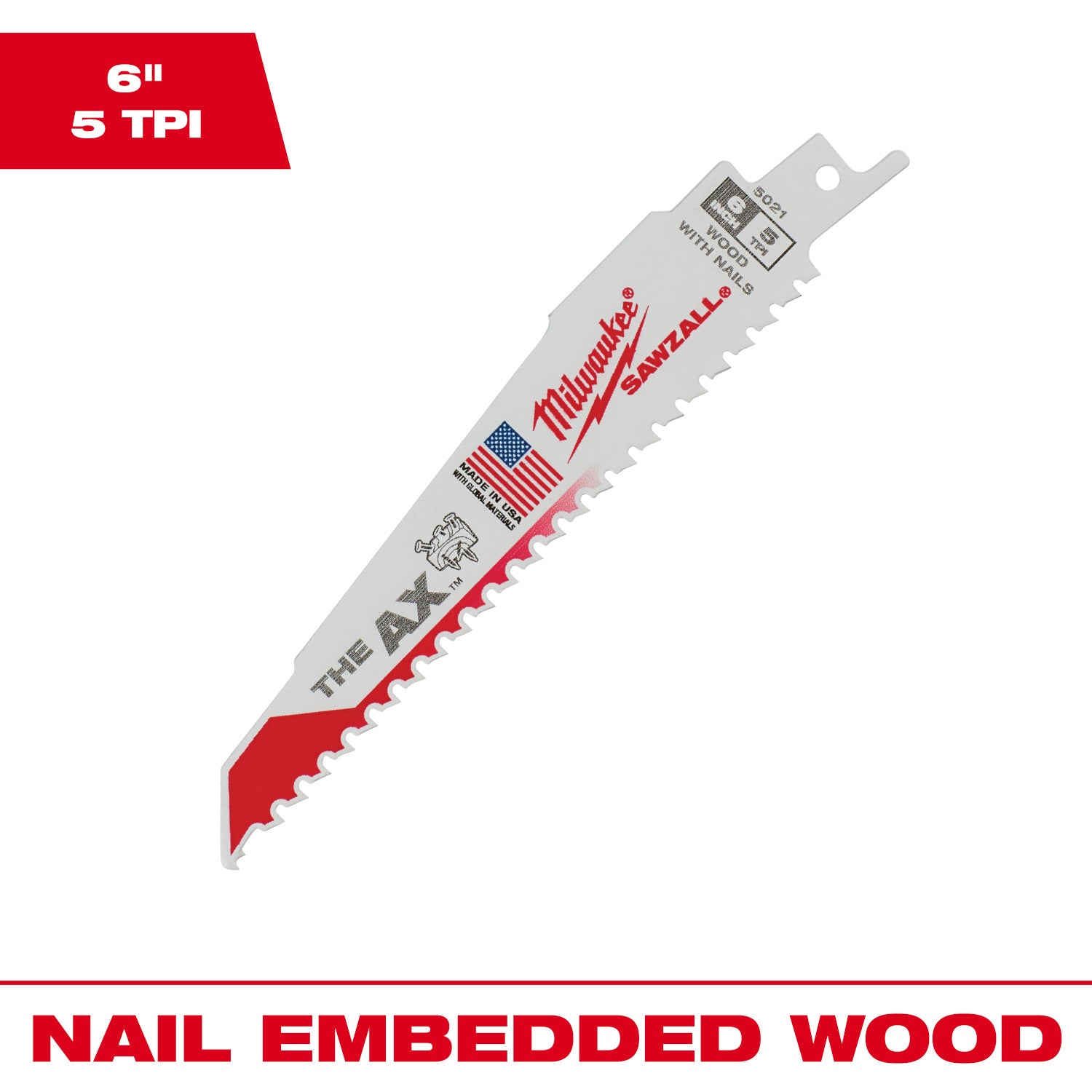 6" 5 TPI AX SAWZALL Blade for Wood with Nails - 1 Pack