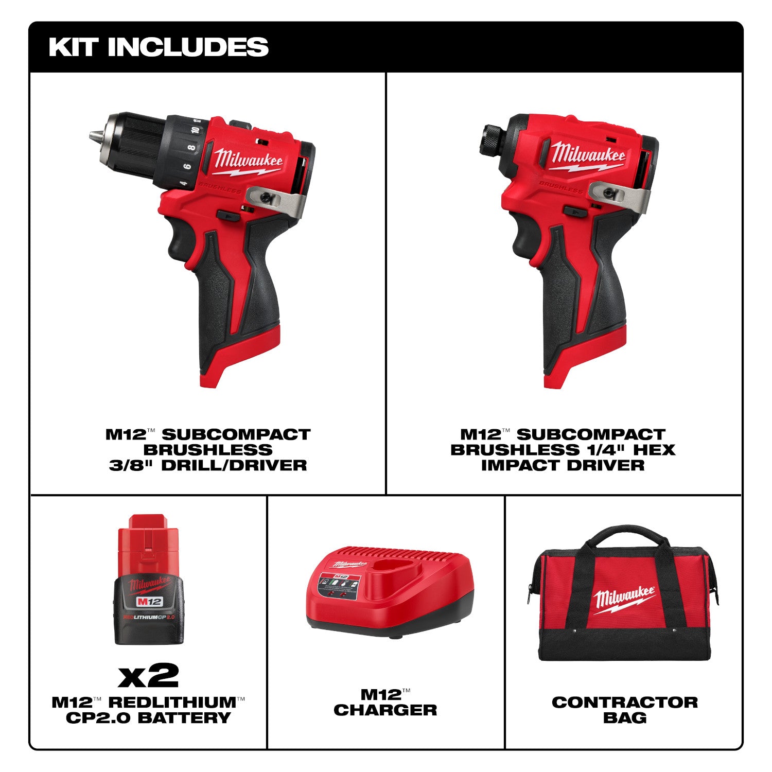 Kit combiné 2 outils M12 sous-compact sans balais