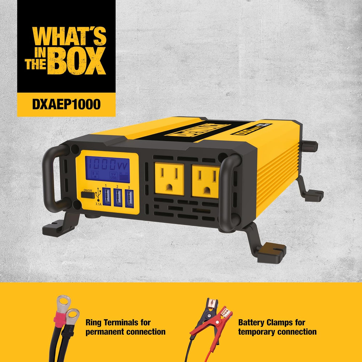 Dewalt Power Inverter 1000W Car Converter with LCD Display - Dual 120V AC Outlets