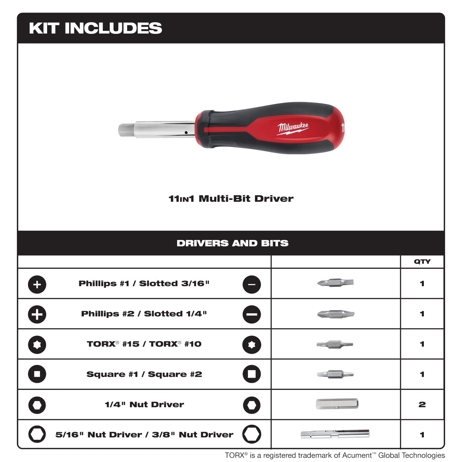 11in1 Multi-Bit Screwdriver W/SQ
