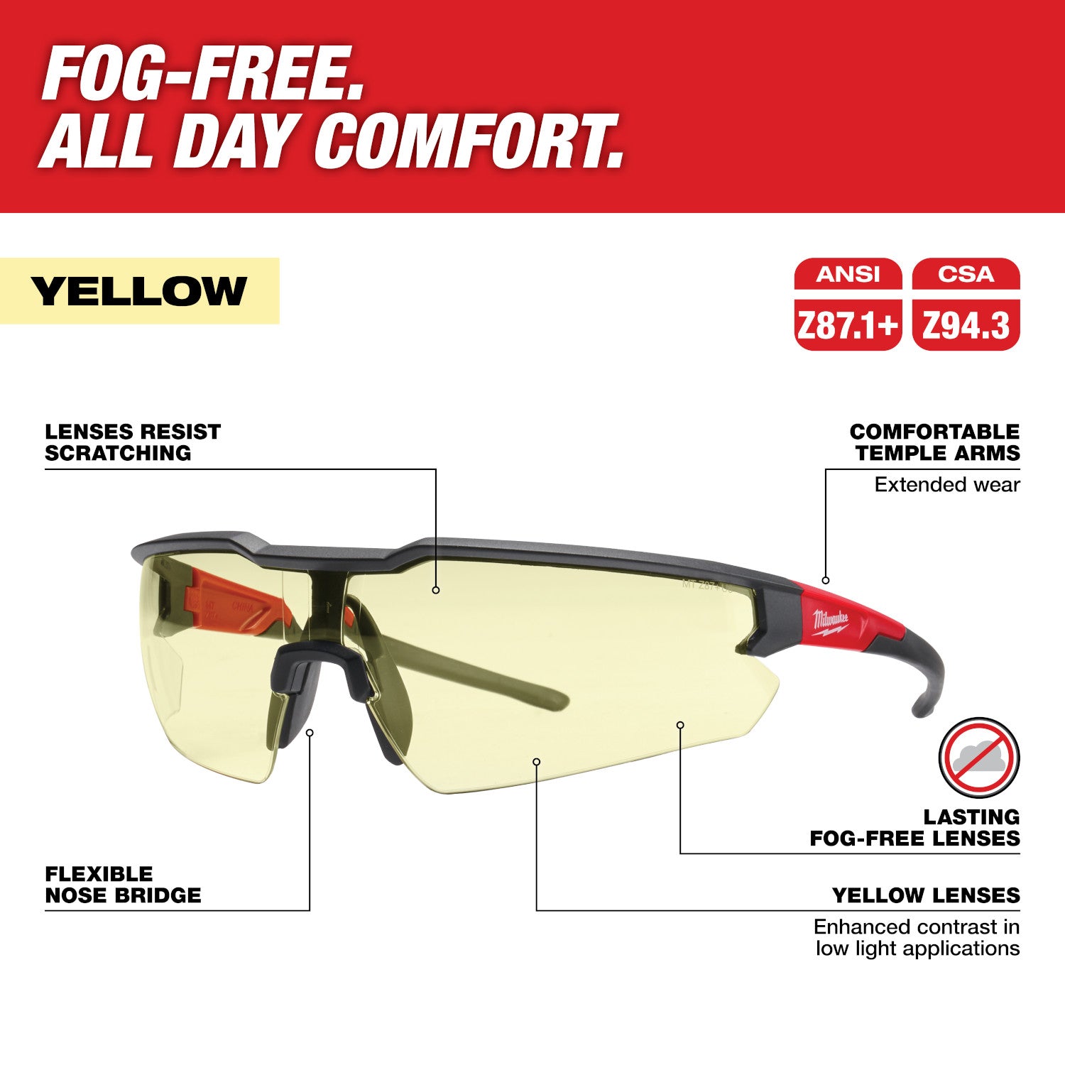Safety Glasses - Yellow Fog-Free Lenses