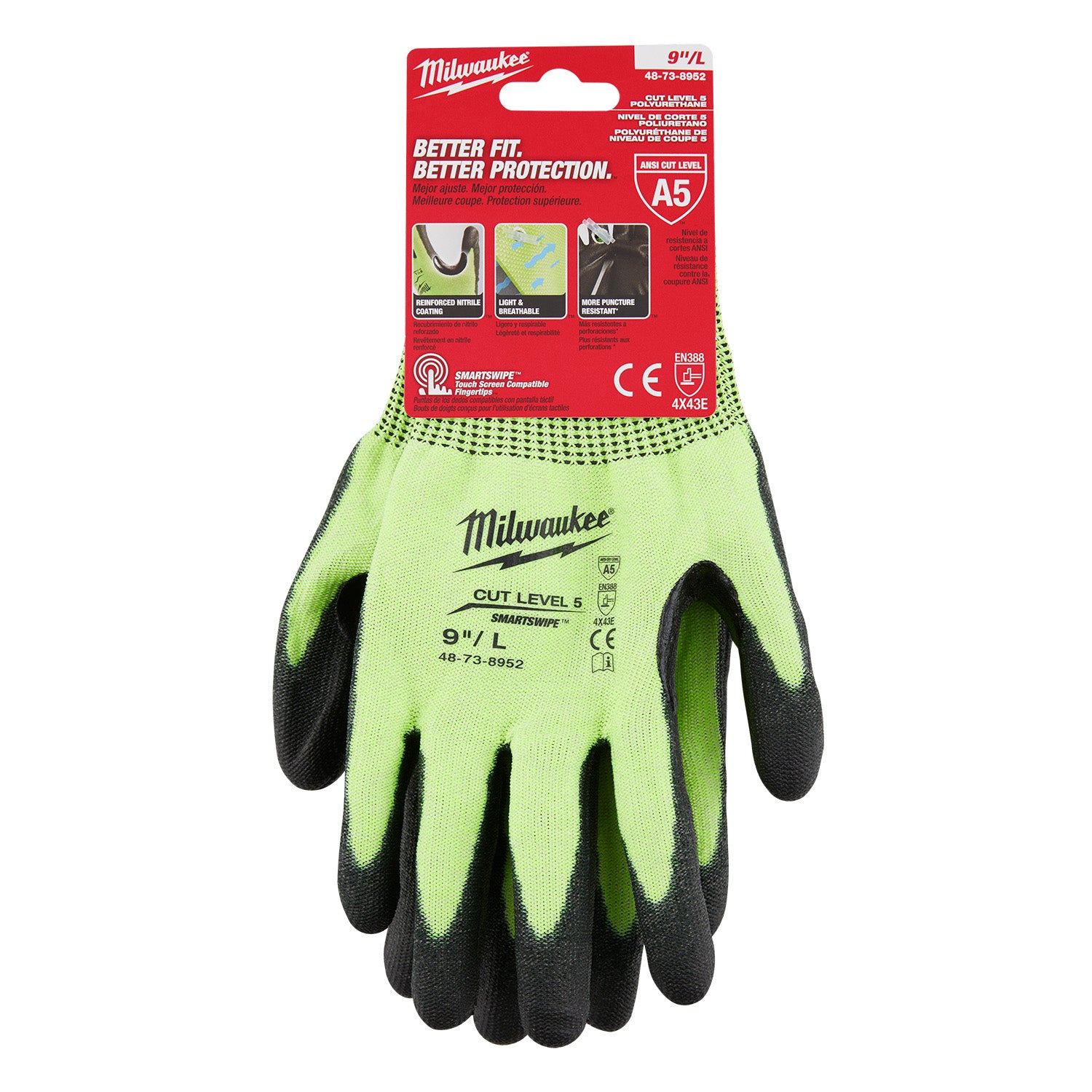 High Visibility Cut Level 5 Polyurethane Dipped Gloves - L