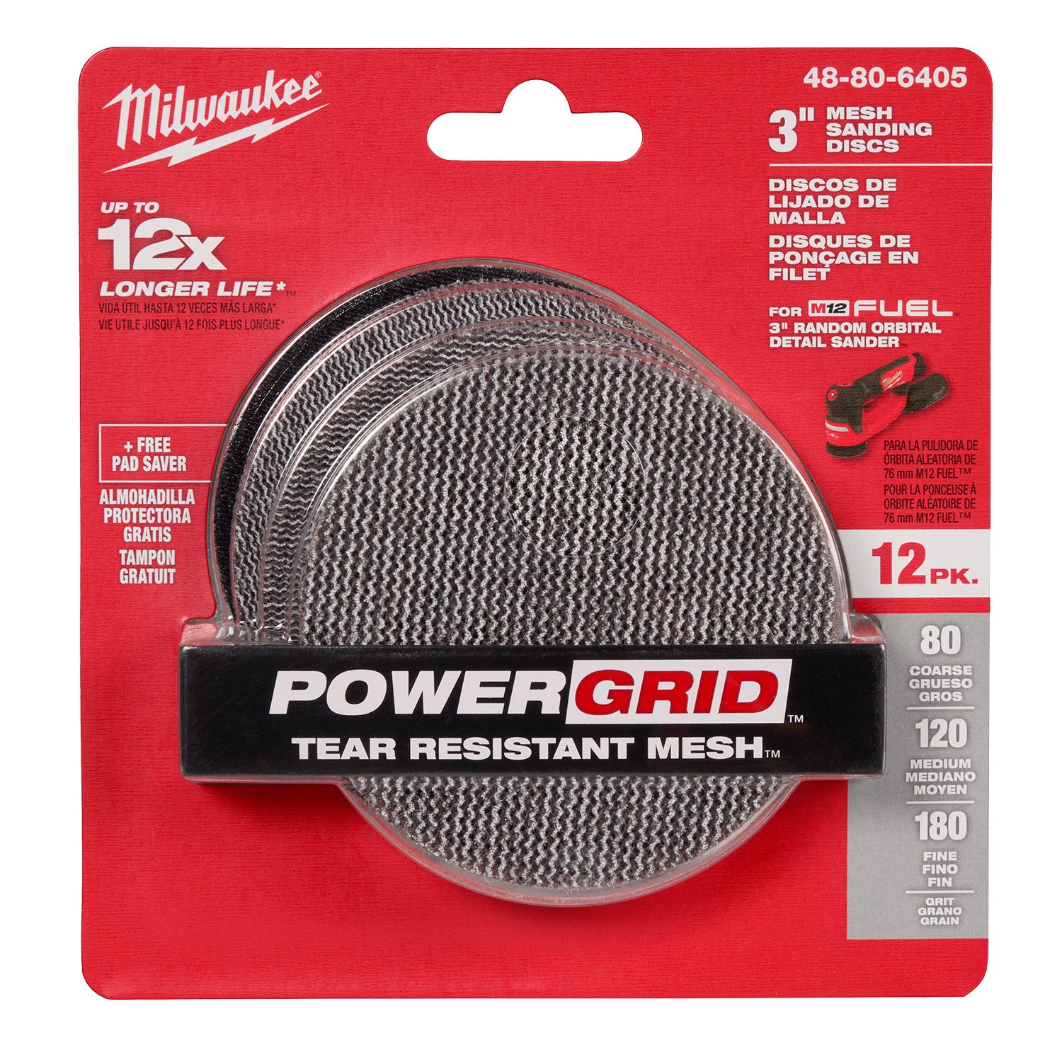 3” Assorted 80, 120, 180 Grit Mesh Sanding Discs with POWERGRID Tear Resistant Mesh – (12 PK) + Pad Saver