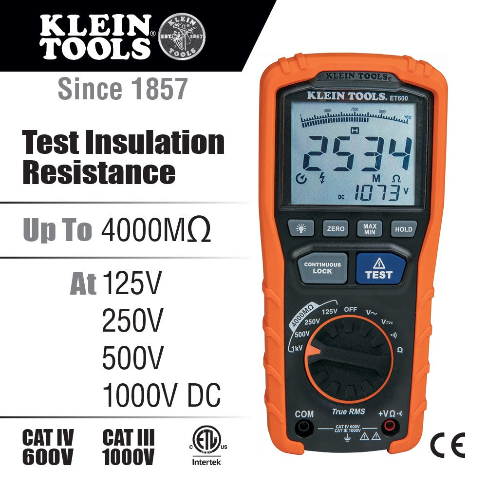 Klein Tools Multimeter 125V/250V/500V/1000V Megohmmeter Insulation Tester