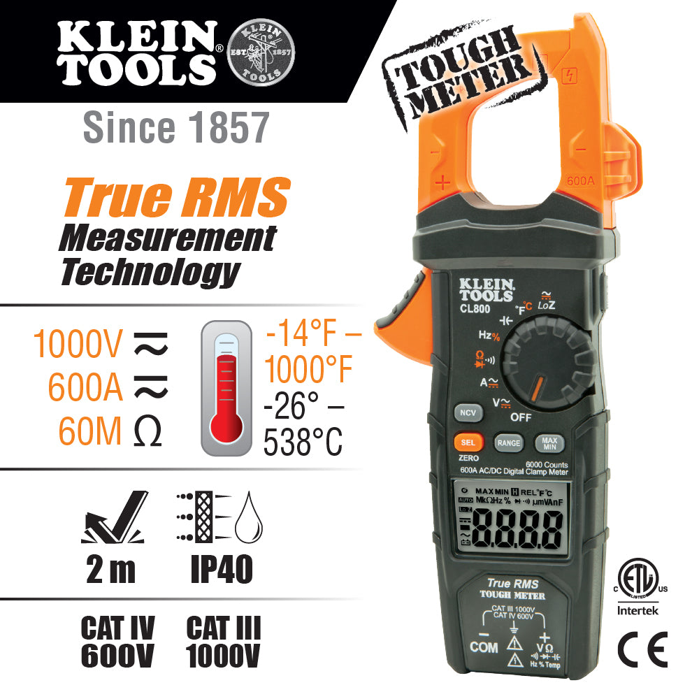 Klein Tools Digital Clamp Meter Auto Ranging TRMS Technology