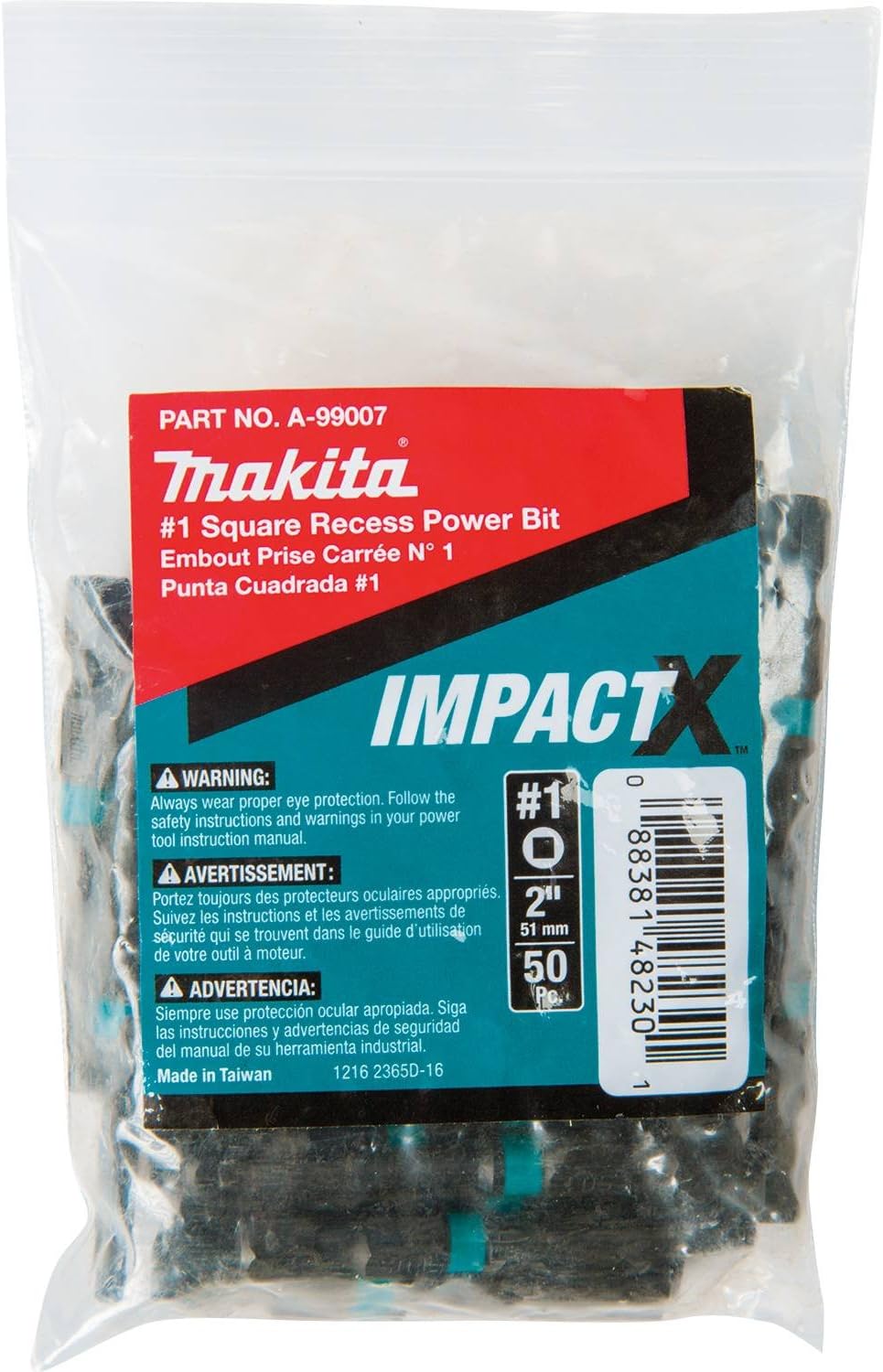 Makita A‑99007 ImpactX™ #1 Square Recess 2" Power Bit – 50‑Pack (Bulk)