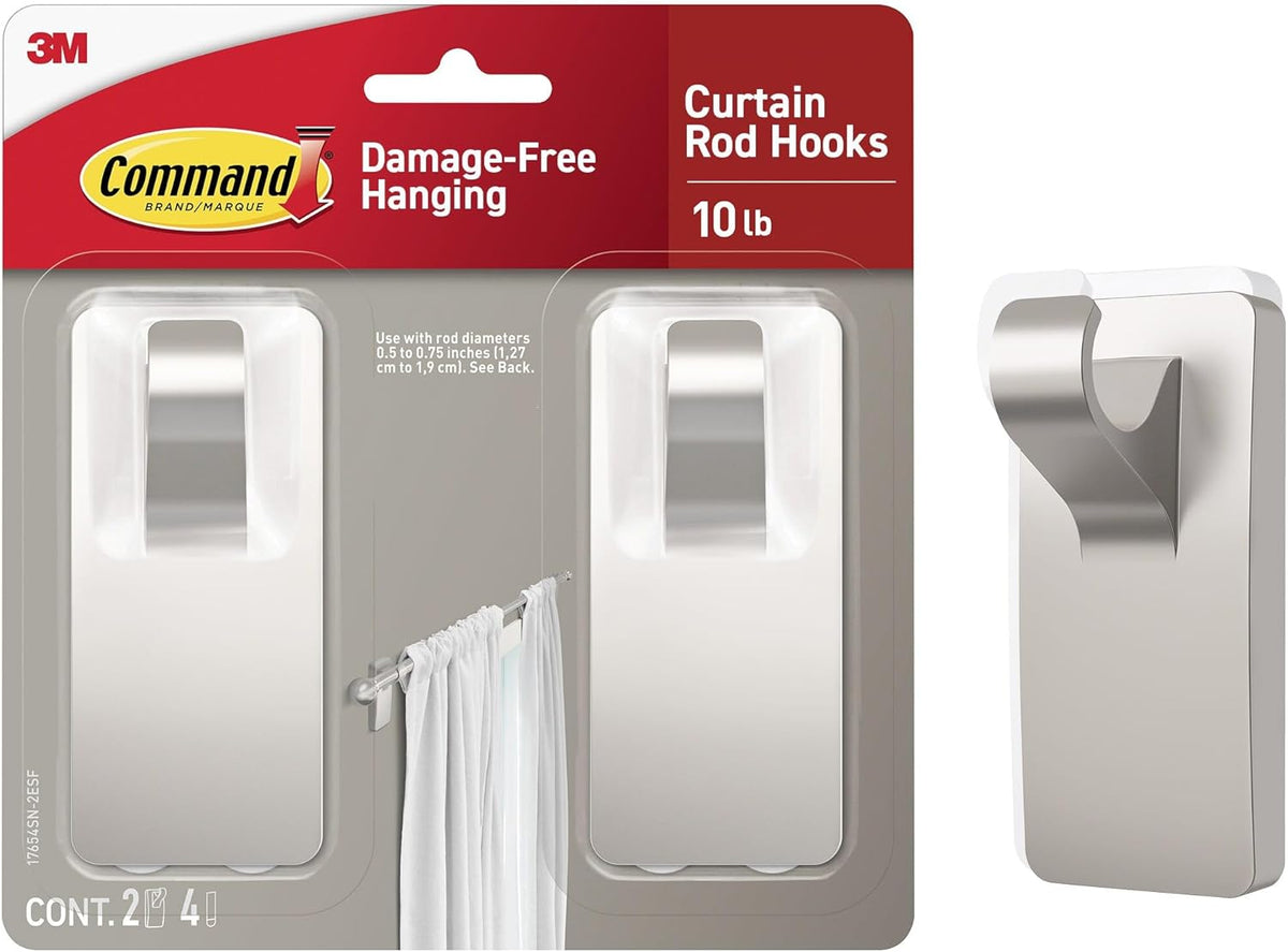 Command 10 Lb Curtain Rod Hooks 2 Hangers & 4 Command Strips - Satin Nickel