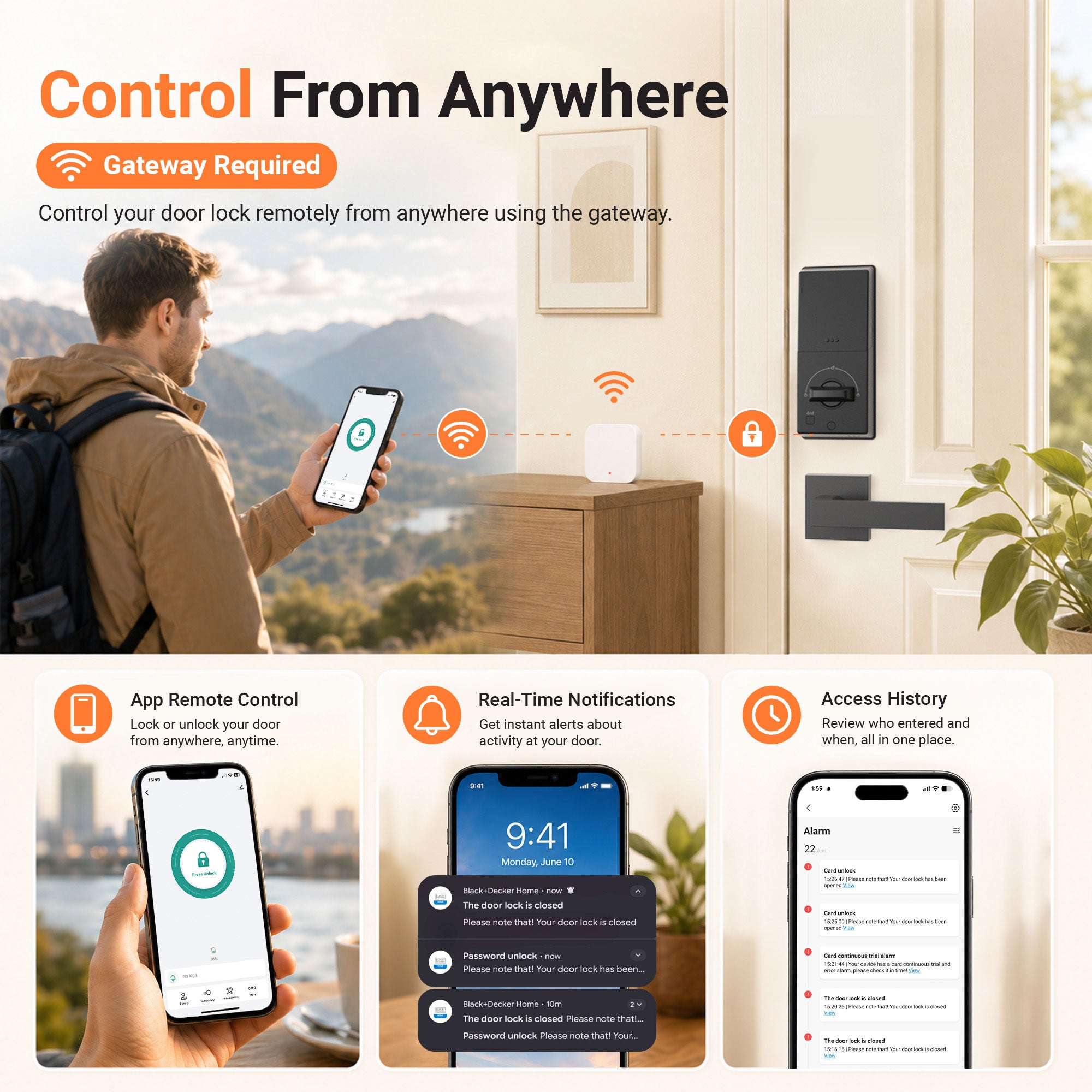Black & Decker Smart Lock avec poignée d'entrée et passerelle - Noir