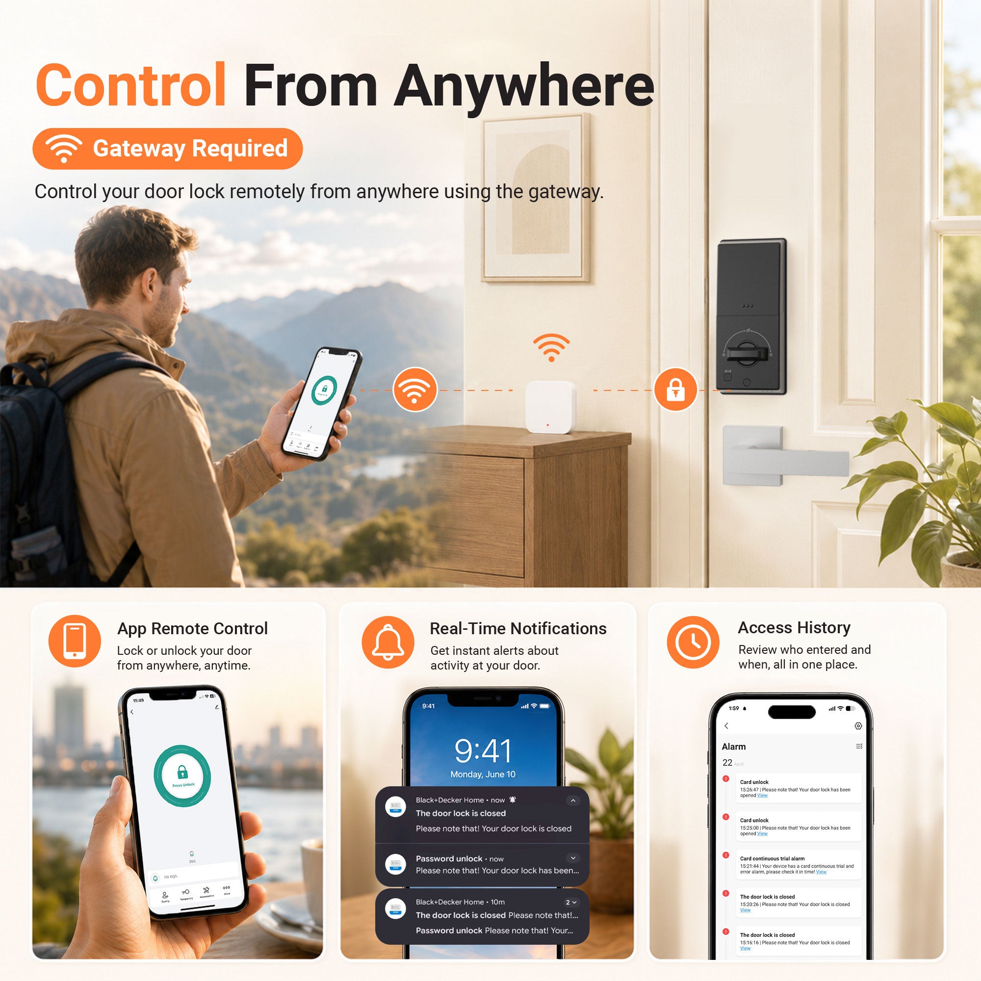 Black & Decker Smart Lock avec poignée d'entrée et passerelle - Argent