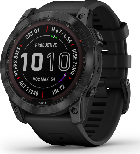 Garmin Fenix 7X Sapphire Solar Larger Sized Adventure Smartwatch - Black DLC Titanium with Black Band