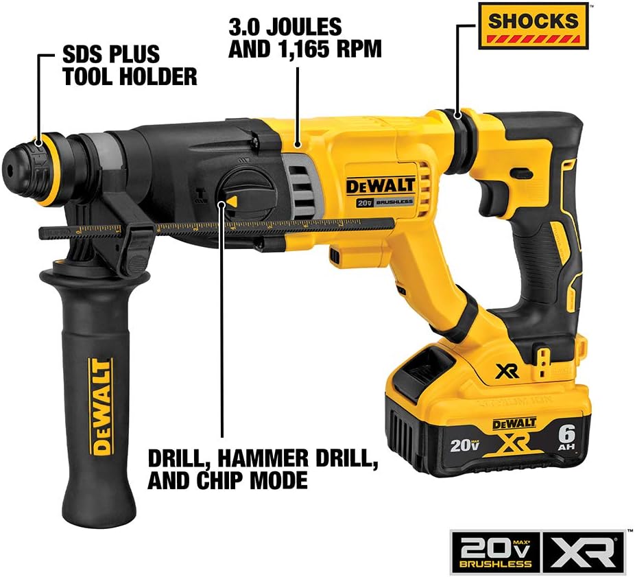 Marteau perforateur SDS 3 modes à poignée en D Dewalt 20 V MAX XR (6,0 Ah) avec 2 piles et sac