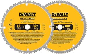 DEWALT Lame de scie à onglet à coupe transversale à trait fin ATB série 20 de 12 pouces, 80 dents et 12 pouces 32T, série 20 