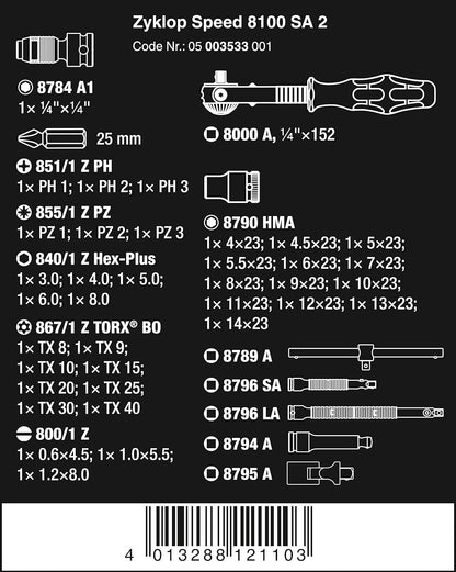 Wera 8100 SA 2 Jeu de cliquets métriques Zyklop 1/4" - 42 pièces