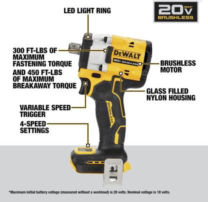 Dewalt Atomic 20V Max Clé à chocs sans fil avec enclume à goupille de détachement I/2 In - Outil seulement