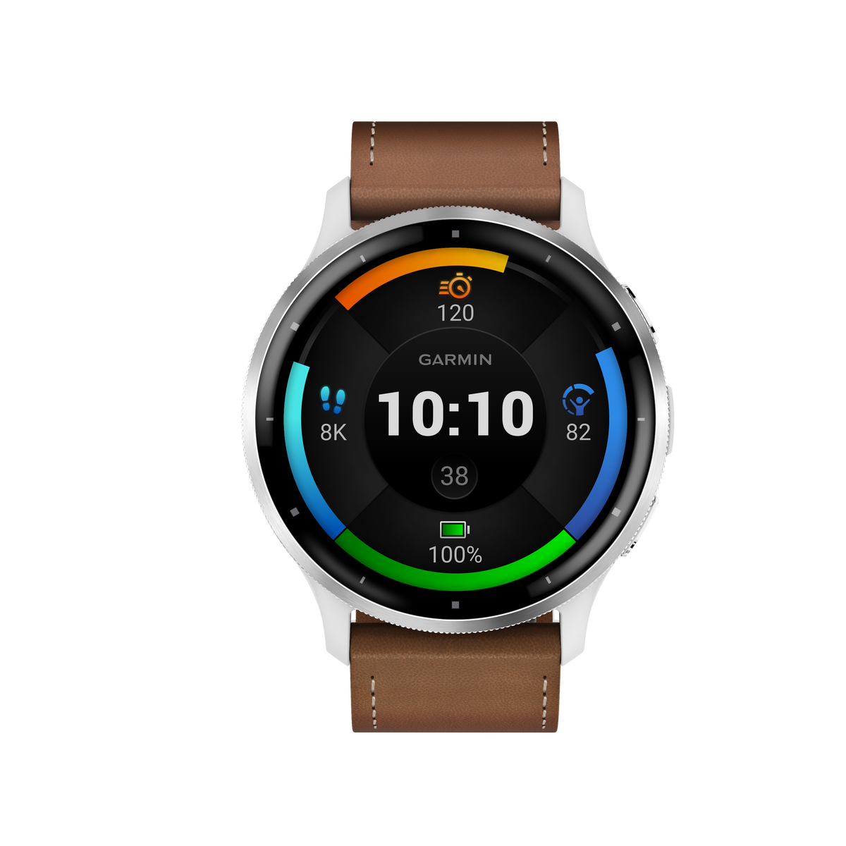Garmin Venu 3 - Lunette en acier inoxydable argentée avec boîtier en pierre blanche et bracelet en silicone