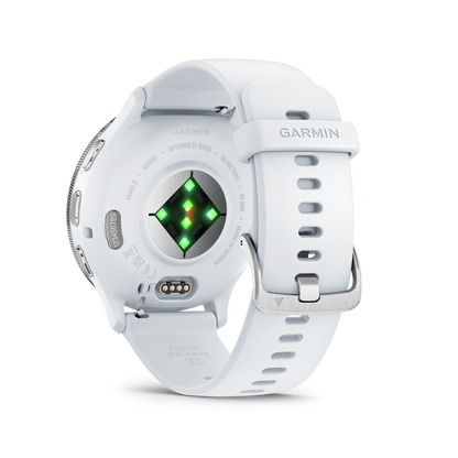 Garmin Venu 3 - Lunette en acier inoxydable argentée avec boîtier en pierre blanche et bracelet en silicone