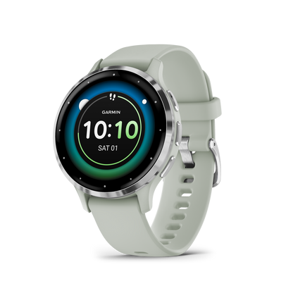 Garmin Venu Silver Stainless Steel Bezel with Sage Gray Case and Silicone Band