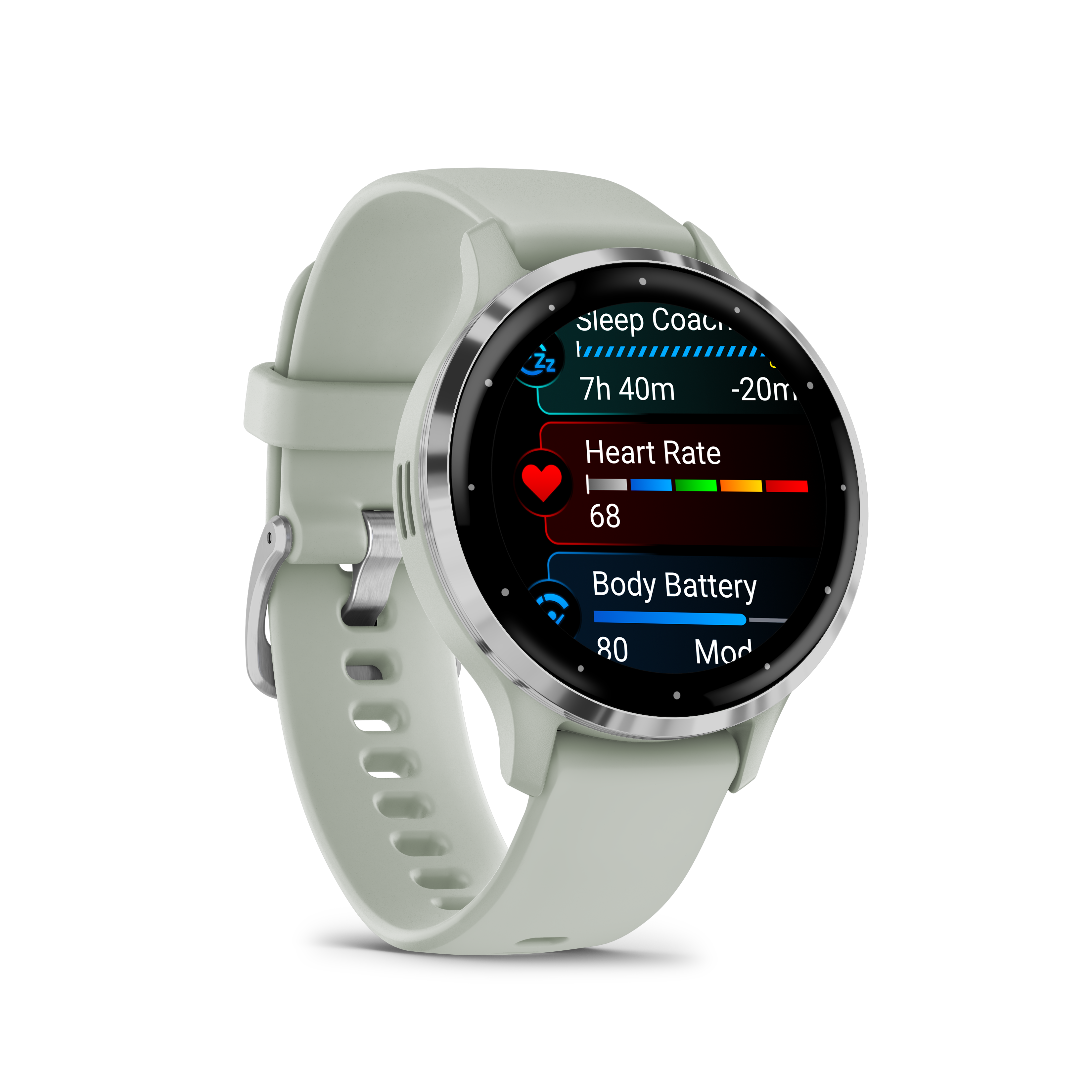 Garmin Venu Lunette en acier inoxydable argentée avec boîtier gris sauge et bracelet en silicone