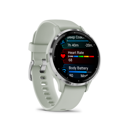 Garmin Venu Lunette en acier inoxydable argentée avec boîtier gris sauge et bracelet en silicone