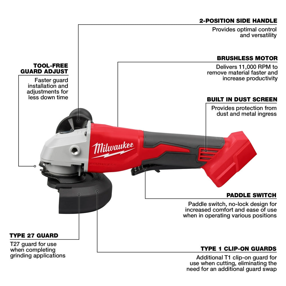Meuleuse sans fil Milwaukee 18V 4.5" à 5" avec interrupteur à palette - Outil seulement