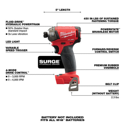 Milwaukee M18 Fuel Surge 1/4" Hex Hydraulic Driver - Outil seulement