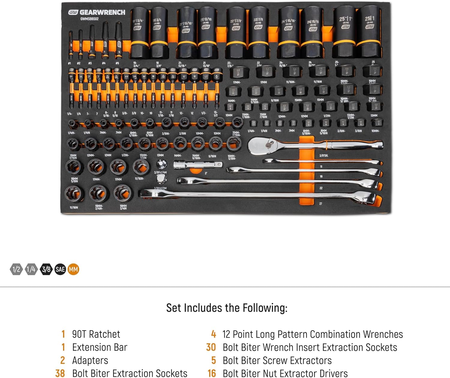 Gearwrench 1/4" 3/8" & 1/2" Drive Bolt Biter Set Mechanics Tool in Foam Storage Tray - 97 Piece